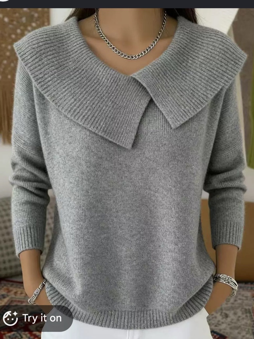 zeagoo Soft Grey Ribbed V-Neck Fold-Over Collar Sweater